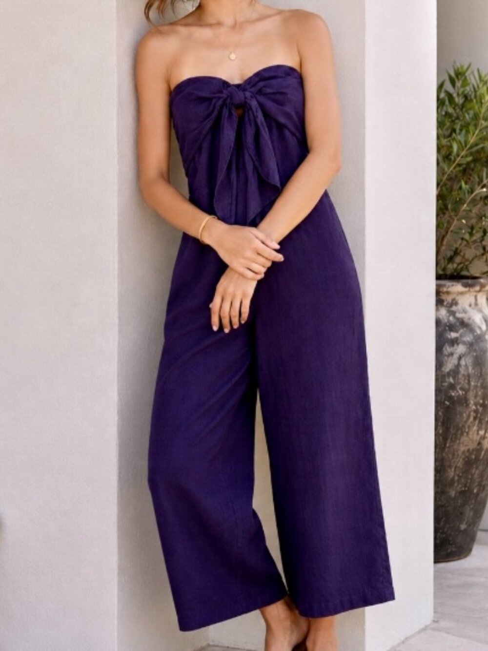 women's navy bandeau jumpsuit cropped linen blend size 7